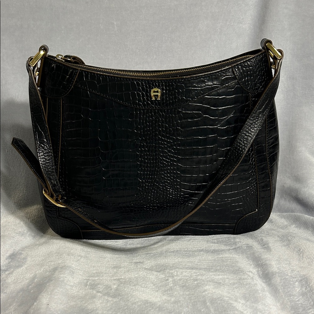 Etienne Aigner Black Leather Crocodile-Embossed Shoulder Bag